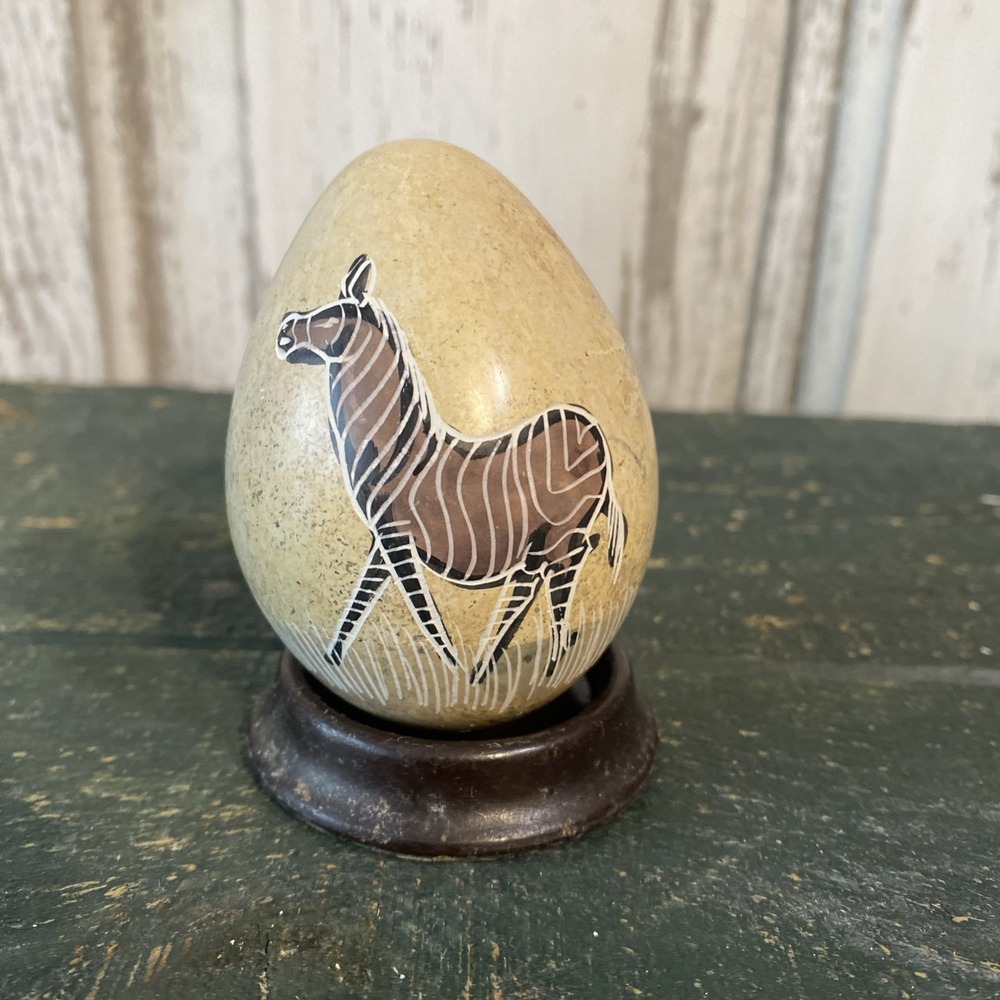 African Tribal Folk Art Hand Carved Incised Soapstone Egg Beige w/Zebra & Tree